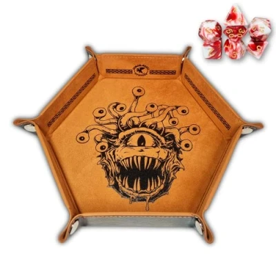 Afbeelding van Power Beast Dungeon Dobbelbordhouder, kubusonderlegger, kubusschaal, kubusplank, kubusmat, kunstleer + 7 rollenspel dobbelstenen, met polyedrische Dungeons and Dragons, D&amp;D