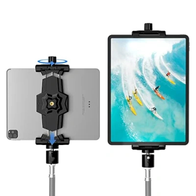 Afbeelding van iPad en telefoon statief mount adapter met bal hoofd, houder voor statief, 360 draaibare tablet klem past op Pro 12.9, Air Mini 3 4, Surface 8, selfie Stick (5.3 10.6&quot;)