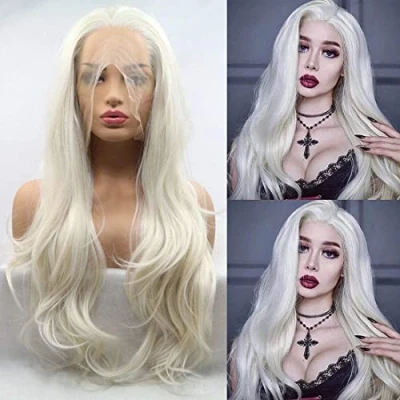 Afbeelding van Blonde Pruik Wit Kant Voor Pruiken Vrouwen Lange Golvend Realistische Natuurlijke Haarlijn Platina Krullend Synthetische Lace Front Lijmloze Hittebestendige Vezel Haar Cosplay