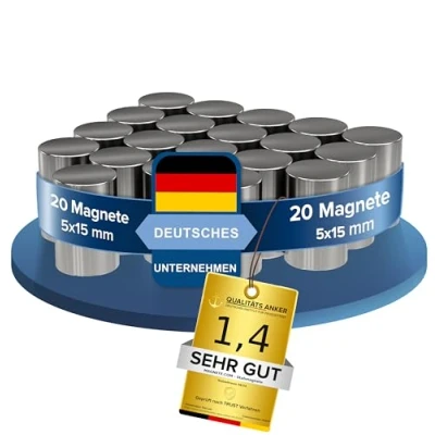 Afbeelding van 20x Neodymium powermagneet zilver staafmagneet extra sterk lang diameter 5x15mm sterke magneten supermagneet hechtkracht ca. 1,2 kg voor whiteboard, prikbord, magneetbord,