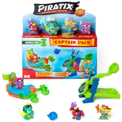 Afbeelding van PIRATIX ADVENTURE WORLD Serie Shark Treasure, Captain Pack, Double Axe met 4 Piratix, 1 gouden kapitein, &quot;kristallen&quot;, Sea Speeder, Katapult, 2 vlaggen kristaleffect, 3/6 stuks