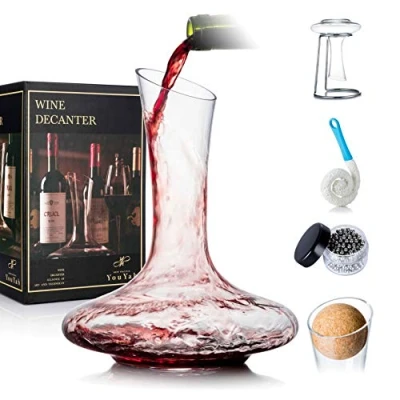 Afbeelding van Decanter Wijnkaraf Wijn met Droogstandaard, Stop, Borstel en Kralen, Karaf voor Rode Wijn, Wijngeschenk, Wijnbeluchter, Wijnaccessoires, 100% Loodvrij Handgeblazen Kristalglas