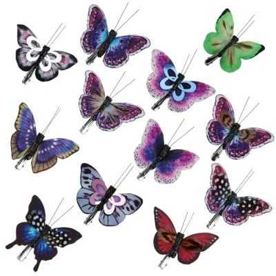 Afbeelding van COM FOUR® 12x vlinders ter decoratie kunstmatige fladderende dieren met bevestigingsclip kleurrijke voor tafeldecoratie clipbare herfstvliegers (12 stuks 08 cm)