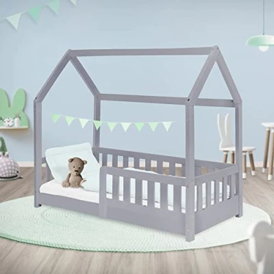 Afbeelding van Kinderbed met uitvalbeveiliging lattenbodem en dak 70x140 cm Lichtgrijs grenenhout ML Design