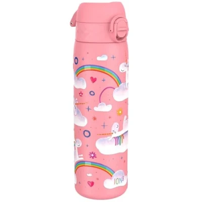 Afbeelding van ION8 Stalen Waterfles, 600 ml/20 oz, Lekvrij, Makkelijk te Openen, Veilige Vergrendeling, Vaatwasserbestendig, Hygiënische Flipcover, Draaggreep, Duurzaam, Reliëfprint, Ontwerp Eenhoorn Regenboog