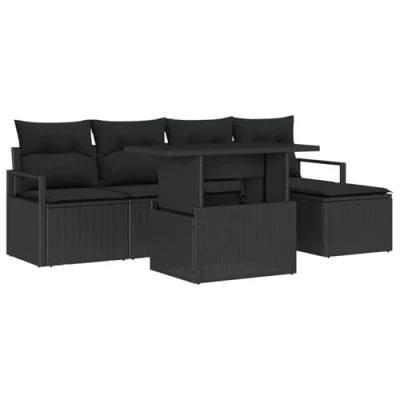 Afbeelding van vidaXL 6 delige Tuin Sofa Set met Kussens Zwart Poly Riet, 2 Zits Opslag &amp; Riet