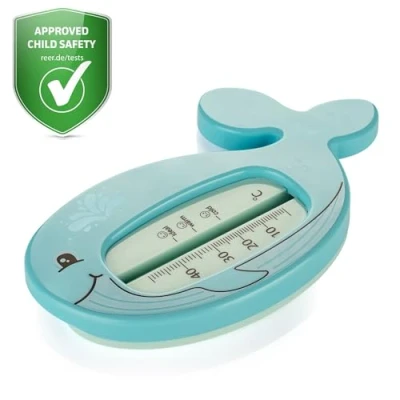 Afbeelding van reer MyHappyBath Badthermometer voor baby&#039;s, walvis, schattig waldesign, kindveilige badthermometer, optimale badtemperatuur de badkuip, kwikvrij, hoog meetbereik, overzichtelijke schaal