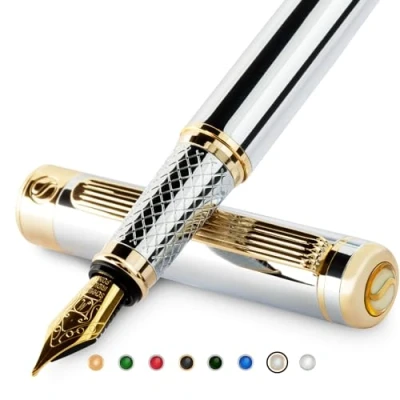 Afbeelding van Zilver Chrome Vulpen Scriveiner Prachtige Pen met 24K gouden afwerking, Schmidt 18K vergulde penpunt (Medium), beste Gift Set voor mannen en vrouwen, professioneel, uitvoerend, kantoor