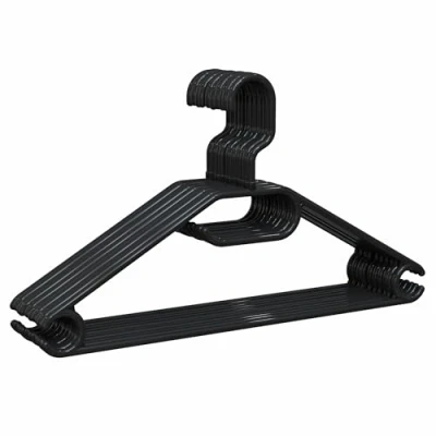 Afbeelding van PORTENTUM 10 stuks kleerhangers van 100% gerecycled kunststof voor alle soorten kleding, 360 draaibare haak, ruimtebesparend, accessoirehouder, jurken en rokken, zwart, Made in Spain