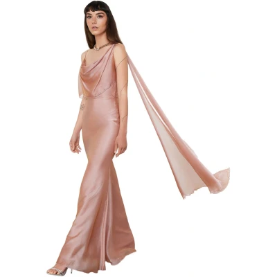 Afbeelding van Trendyol Roze Carmen Kraag Geweven Chiffon Lange Elegante Avondjurk Tprss24Ae00137