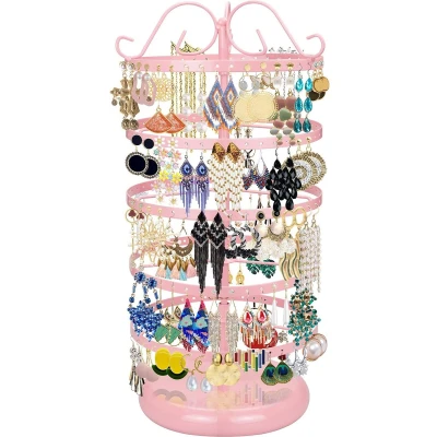 Afbeelding van 5 laags sieradenstandaard, draaibare sieradenhouder, oorbelhouder, oorbelstandaard, organizer, metalen sieradenopslag voor oorbellen, halsketting, armband (lichtroze)
