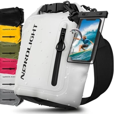 Afbeelding van Nordlight Dry Bag Waterdichte Tas met Telefoonhoes + Roll Top, Schouderriem Drybag Rugzak Pakzak Packsack Duffeltas Wetbag Zwemmen Strand SUP Kanoën Wit, 5 Liter