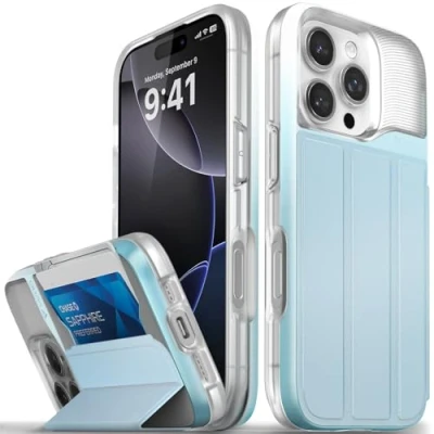 Afbeelding van VENA vCommute voor iPhone 16 Pro portemonneehoesje, [valbescherming van militaire kwaliteit] lederen flip hoesje sleuf kaarthouder met standaard pastelblauw