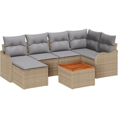 Afbeelding van vidaXL 7 delige Tuin Sofa Set met Kussens Beige Poly Rattan Acacia, 2 zits Opbergruimte &amp;