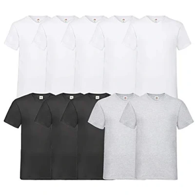 Afbeelding van Fruit of the Loom T shirt, met V hals, in verschillende maten en kleuren, 10 stuks, 5, wit, 3, zwart 2 grijs, L