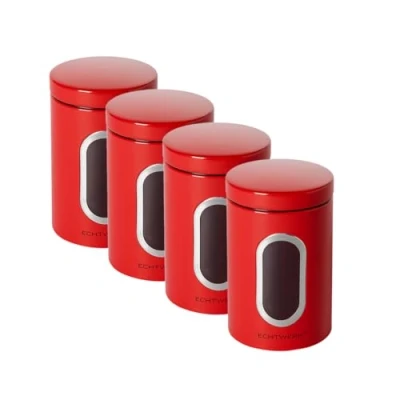 Afbeelding van ECHTWERK Stijlvolle voorraaddozen, set van 4, rood, voorraadcontainers, opbergdoos, voor het opbergen meel/suiker/muesli/thee, metalen doos met luchtdicht deksel en groot kijkvenster