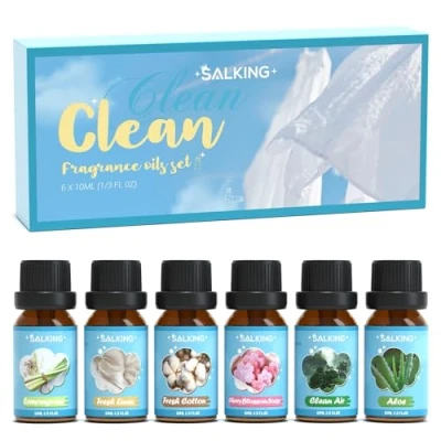 Afbeelding van SALKING Set etherische oliën, cadeauset, aromatherapie, geurolie voor diffuser, luchtbevochtiger, 6 x 10 ml citroengras, vers katoen, linnen, kersenbloesemzeep, schone lucht, aloë