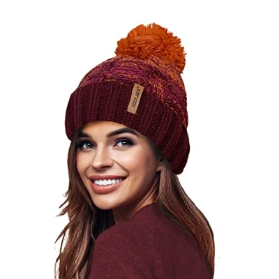 Afbeelding van RockJock STORMACTIVE 100% waterdichte dames unisex dikke ombre warme winter teddy fleece gevoerd gebreide pompom beanie hoed, BURGUNDY/ORANJE, One size