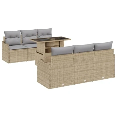Afbeelding van vidaXL 7 Delige Tuin Sofa Set met Kussens Beige Poly Rattan, 2 Zits Rattan