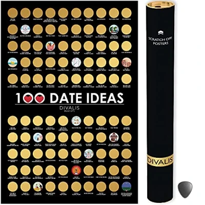 Afbeelding van Divalis 100 datums Scratch off Bucket List Scratching Adventure Koppel dingen om te doen Poster Krasbare motiverende archievements Checklist, zwart en goud, L
