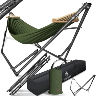 Afbeelding van KESSER® Hangmat Vill met frame, metaal, opvouwbaar, verstelbaar, stabiel binnen en buiten, draagtas + zak, hangmatstandaard, camping, tuin, zwembad, balkon, terras, kaki