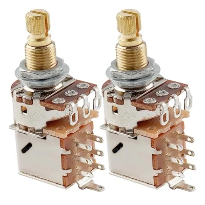 Afbeelding van Musiclily Pro Brass Full Metric Split Shaft A500K Logaritmische Push pull Potmeter voor Elektrische Gitaar en Basgitaar (2 Stuks)