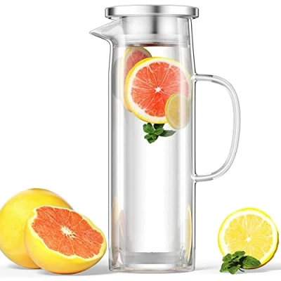 Afbeelding van Uootach glazen karaf met deksel, waterkaraf, 1,5 liter, kan van borosilicaatglas, hittebestendige waterkoker, glas, ideaal voor melk, sap, thee, koffie of warm water