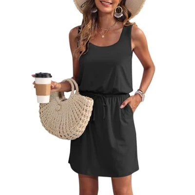 Afbeelding van WNEEDU Zomerjurk voor dames, mouwloze strandjurk, U hals, trekkoord, luchtige jurk, zomer, met zakken, zwart, M