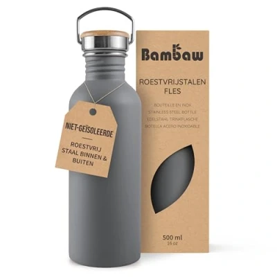 Afbeelding van Bambaw® Waterfles 500 ml Enkelwandige drinkfles RVS Niet Geïsoleerd Lekvrij, en Plasticvrij met Bamboe Dop Water Fles Perfect voor Reizen, Werk, Yoga, Wandelen Dagelijks Gebruik donkergrijs