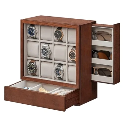 Afbeelding van SONGMICS houten horlogedoos met 12 sleuven, horlogevitrine venster, massief fineer, verticale opslag, ruimtebesparend, cadeau idee, koffiebruin JOW014K01