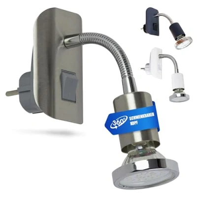 Afbeelding van Trango Stekkerlamp in RVS look met chromen ring 11 052 *FLEXI* stekkerlampje, nachtlampje incl. 1x GU10 3000K warm witte LED lamp &amp; AAN/UIT schakelaar leeslamp, wandlamp, keukenlamp