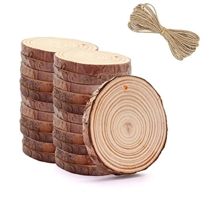 Afbeelding van 25 stuks natuurlijke houten plakjes 5 6 cm voor ambachtelijke decoraties, kleine onafgewerkte cirkels met gat en koord doe het zelf knutselen kerstornamenten decor