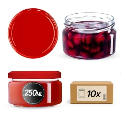 Afbeelding van KADAX Kleine inmaakpotten, 250 ml, jampotten met deksel, luchtdichte potten om cadeau te geven, mini voor honing en specerijen (10 stuks, rood)