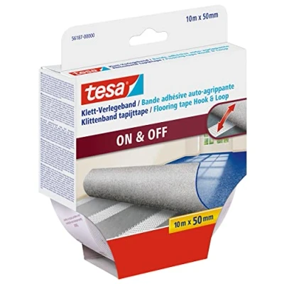 Afbeelding van tesa klittenband On &amp; Off zelfklevend voor het leggen van tapijten antislip, geschikt vochtige ruimtes en vloerverwarming 10 m x 50 mm transparant