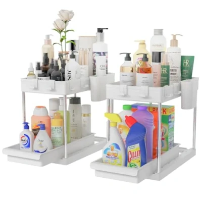 Afbeelding van BAKAJI Set van 2 organizers voor wastafel en keuken met uittrekbare lade, opbergmand, ruimtebesparend, legplanken, rek onder de gootsteen, uittrekbaar (wit)