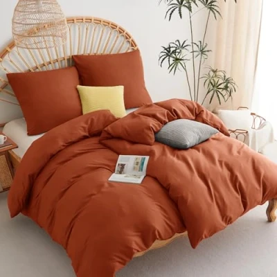 Afbeelding van WAVVE Beddengoed 135 x 200 cm, 4 delig, terracotta, dekbedovertrek 2 delige set met kussenslopen 80 beddengoedset van microvezel, ritssluiting, zacht