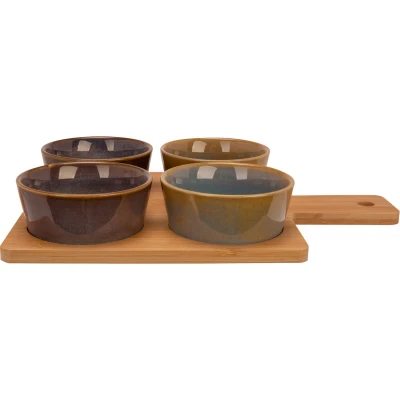 Afbeelding van Cosy &amp; Trendy serveerplank bamboe 31 x 22 cm met 4x luxe hapjes/saus/tapas schaaltjes Snack en tapasschalen