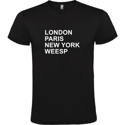 Afbeelding van Zwart t shirt met &quot; London, Paris , New York, Weesp print Wit size M