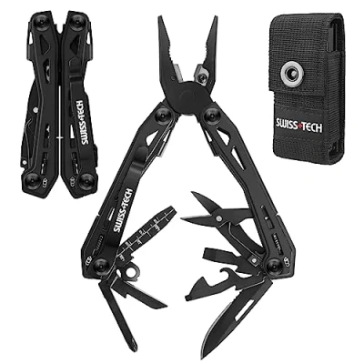 Afbeelding van Swiss+Tech Multitool 16 in 1, Multifunctionele tang, Roestvrij Staal, Multifunctioneel Gereedschap, Opvouwbaare Tang met Schaar, Flesopener, Riemclip voor Outdoor Repareren, Draagtas, Zwart