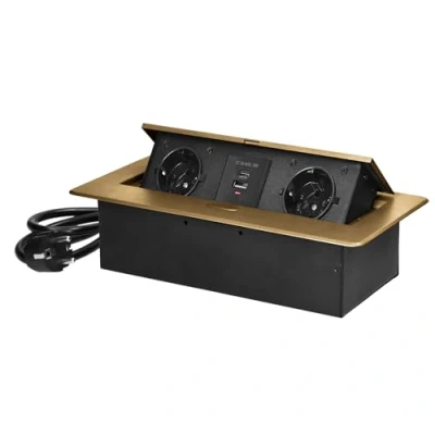 Afbeelding van Miratic Inbouw Stopcontact Werkblad met Vlakke Gefreesde Rand Meubelcontactdoos USB oplader 2 2P+Z (Schuko) 2X (Type A+C, 3,6A) Power Strip voor Bureau Kabel 1,5 m (Goud)