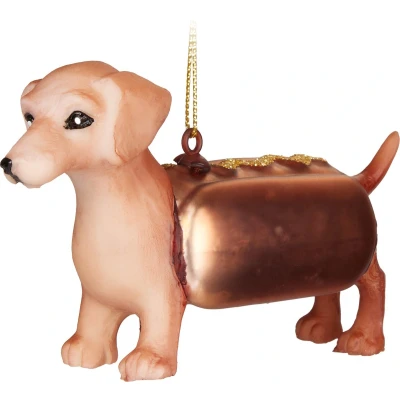 Afbeelding van BRUBAKER Teckel als Hot Dog Handbeschilderde Kerstbal van Glas Handgeblazen Kerstboomversieringen Figuren Grappige Decoratieve Hangers Boombal 10,8 cm