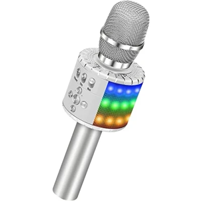 Afbeelding van BONAOK Draadloze Microfoonspeler, Karaoke Bluetooth Microfoon, Thuis KTV Machines, Luidsprekers,VerjaardagsFeest, cadeau, speelgoed voor iPhone, iPad, Android/PC (Zilver)