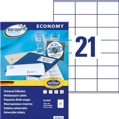 Afbeelding van Europe100 ELA045 universele etiketten A4 (2100 zelfklevende etiketten, formaat 70 x 41 mm op DIN A4, bedrukbare stickers, 3481) 100 vellen, wit