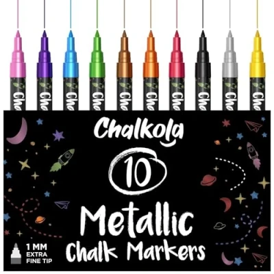 Afbeelding van Metallic krijtstiften met extra fijne punt (10 stuks, 1 mm) vloeibare krijtpennen voor schoolborden, krijtbord, bistromenu, venster uitwisbaar nat afvegen