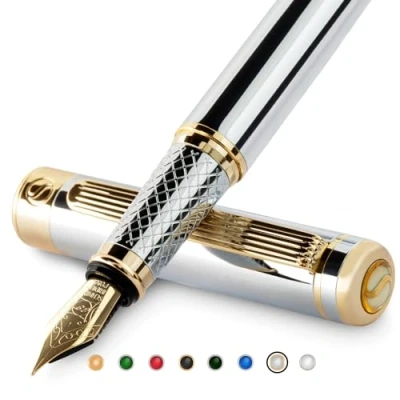 Afbeelding van Zilver Chrome Vulpen Scriveiner Prachtige Pen met 24K gouden afwerking, Schmidt 18K vergulde penpunt (Extra Fine), beste Gift Set voor mannen en vrouwen, professioneel, uitvoerend, kantoor