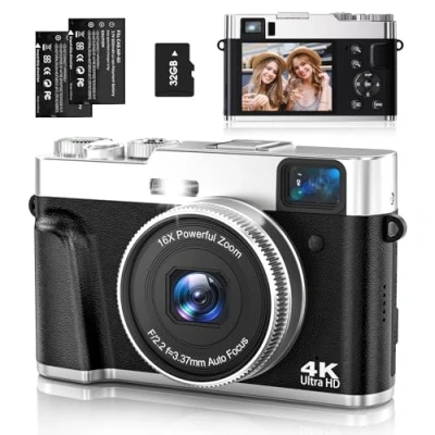 Afbeelding van nezini Digitale camera, 4K 48MP UHD autofocus, fotocamera met 32 GB kaart, 16 x fotoapparaat draaibaar dashboard en zoeker, compacte camera voor tieners, beginners, volwassenen