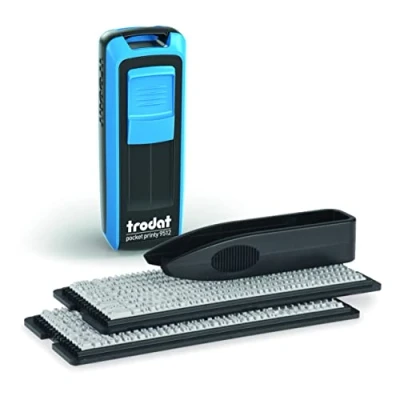 Afbeelding van Trodat Zelfkleurende blauwe stempel, zelfkleurend, zakformaat, Pocket Printy 9512 type, 47 x 18 mm, 4 regels, inclusief zwarte inktcartridge, met pincet en 1 set tekens, symbolen cijfers