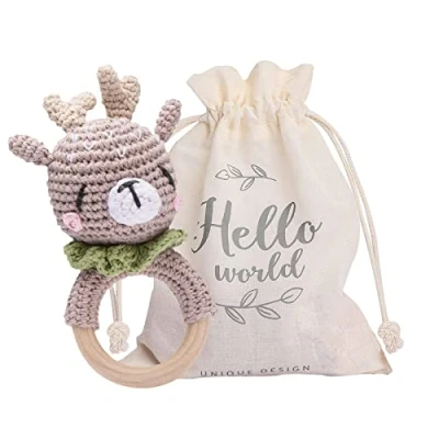 Afbeelding van Youuys Babyrammelaar, gehaakte houten dieren, grijpling, baby, met geluid, handgemaakte rammelaar voor pasgeborenen, babycadeau, jongen en meisje, cadeau geboorte (eland)
