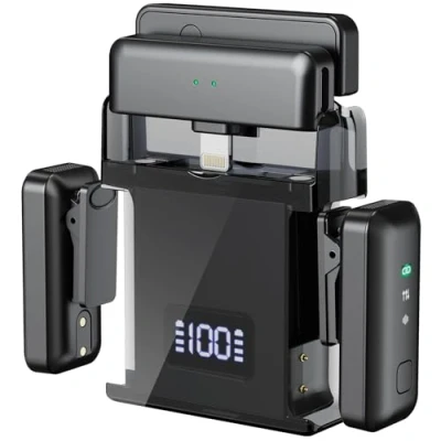 Afbeelding van draadloze Lavalier Microfoon, microfoon voor iPhone (2 TX + 2 RX Oplaadhoes), Mini Mic met ruisonderdrukking, 20H batterij, 60 m, 15/14/13/12, Android, PC