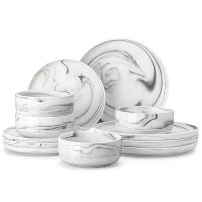 Afbeelding van MALACASA Borden en kommen set, 12 stuks, porseleinen serviesset, spaanbestendig, keramische bordenset, couvert voor 4, marmergrijs, serie Luna